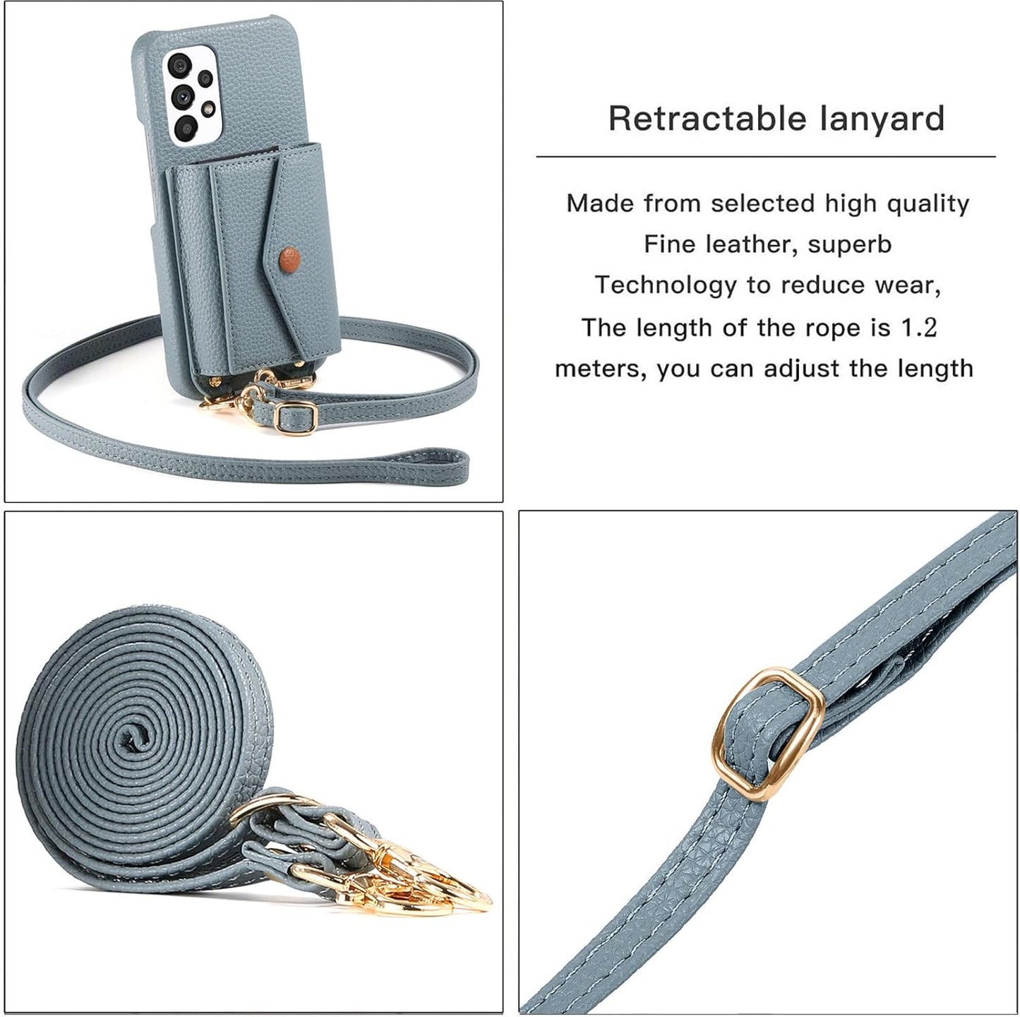 iTape Card Holder Wallet Phone Case for Samsung Galaxy A53 5G, Shockproof Ultra-thin Phone Case, Makeup Mirror with Crossbody Strap Gray