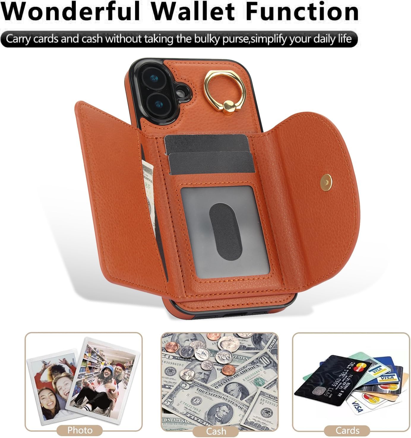 Tri-fold wallet case for iPhone 16 Plus, 360° rotating ring buckle stand, shockproof phone case coin purse card holder Black