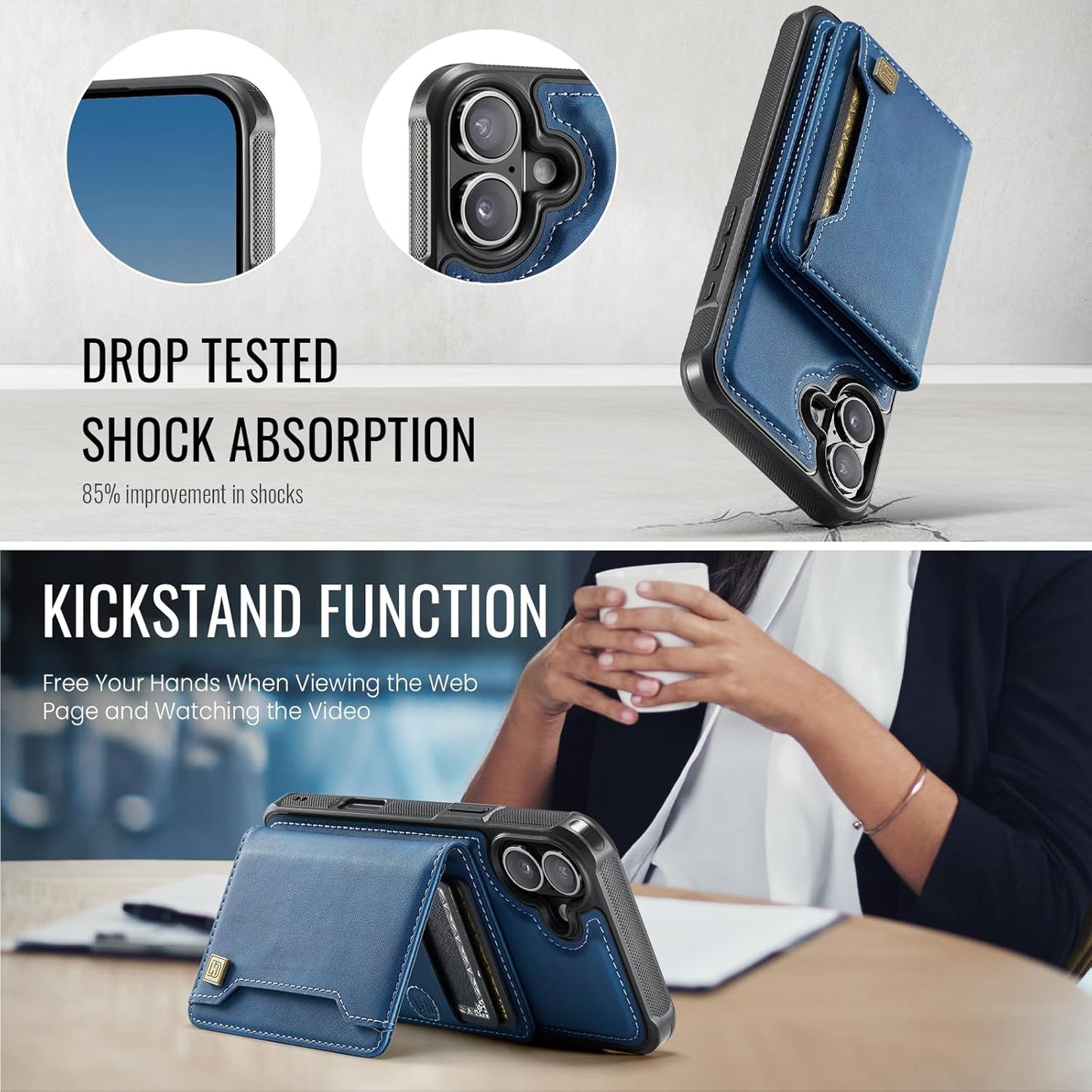 Double magnetic card holder mobile phone case for iPhone 16, RFID (anti-theft), supports car magnetic suction function + multi-directional bracket Blue