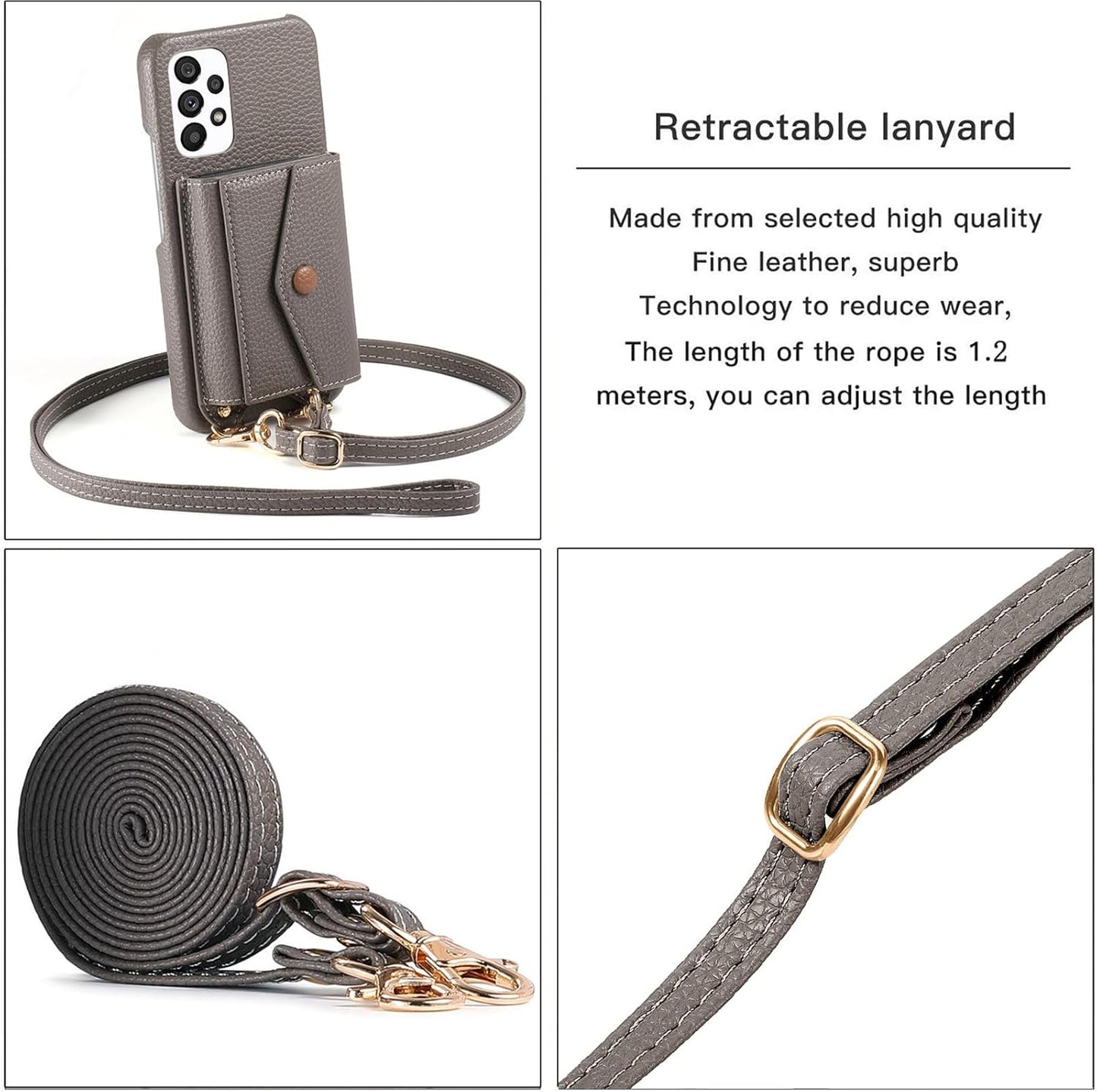 iTape Card Holder Wallet Phone Case for Samsung Galaxy A53 5G, Shockproof Ultra-thin Phone Case, Makeup Mirror with Crossbody Strap Gray