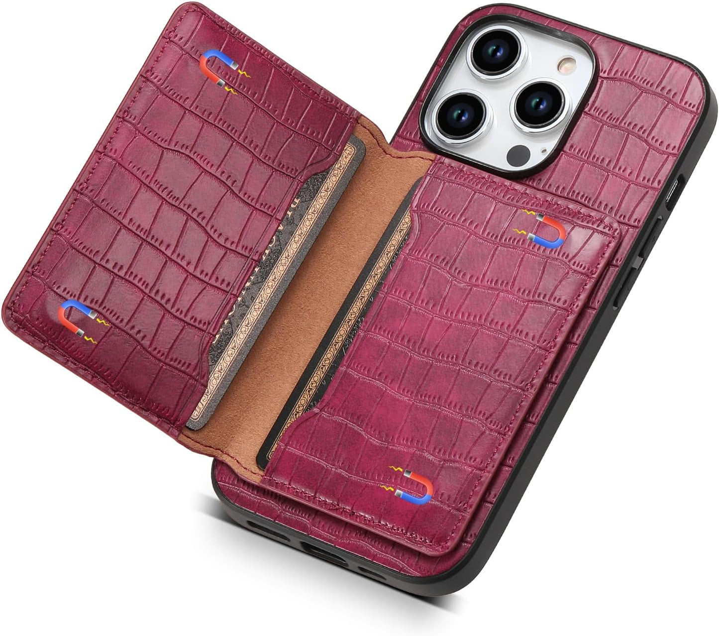 Crocodile pattern phone case suitable for iPhone 15 Pro max, magnetic card holder holder card slot phone case, Green
