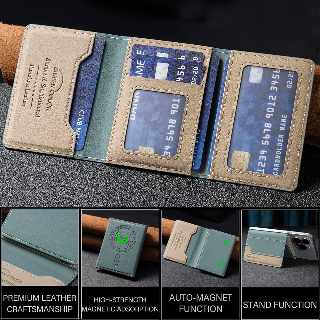 iTape Leather Magnetic Phone Wallet Compatible with Various Phone Models Android and iOS, Colorblock Horizontal Magnetic Card Holder Ultra-thin Wallet Card Holder Flip Stand Green