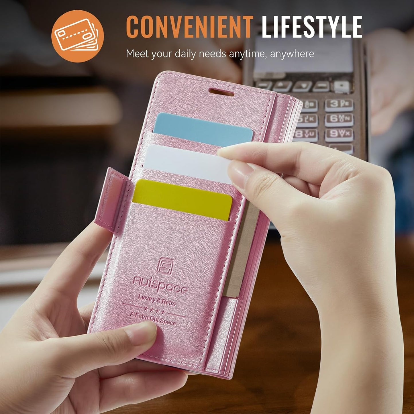Soft leather wallet case for iPhone 15 Pro max, RFID (anti-theft), wallet card slot flip cover stand for iPhone 15 Pro max Support wireless charging Rose Gold