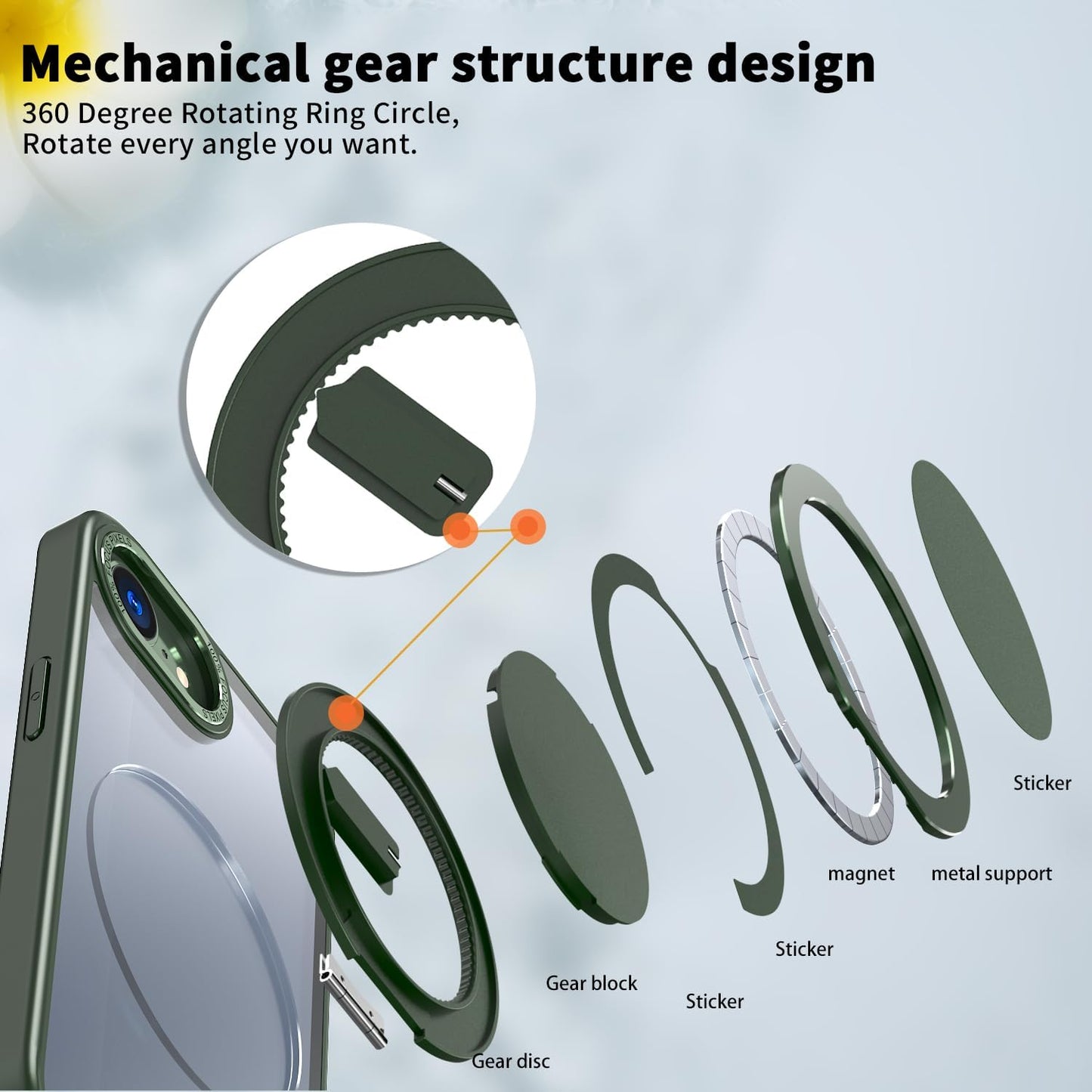 Magnetic phone case for iPhone 16E, mechanical gear 360° rotating bracket supports wireless charging, shockproof ultra-thin shell
