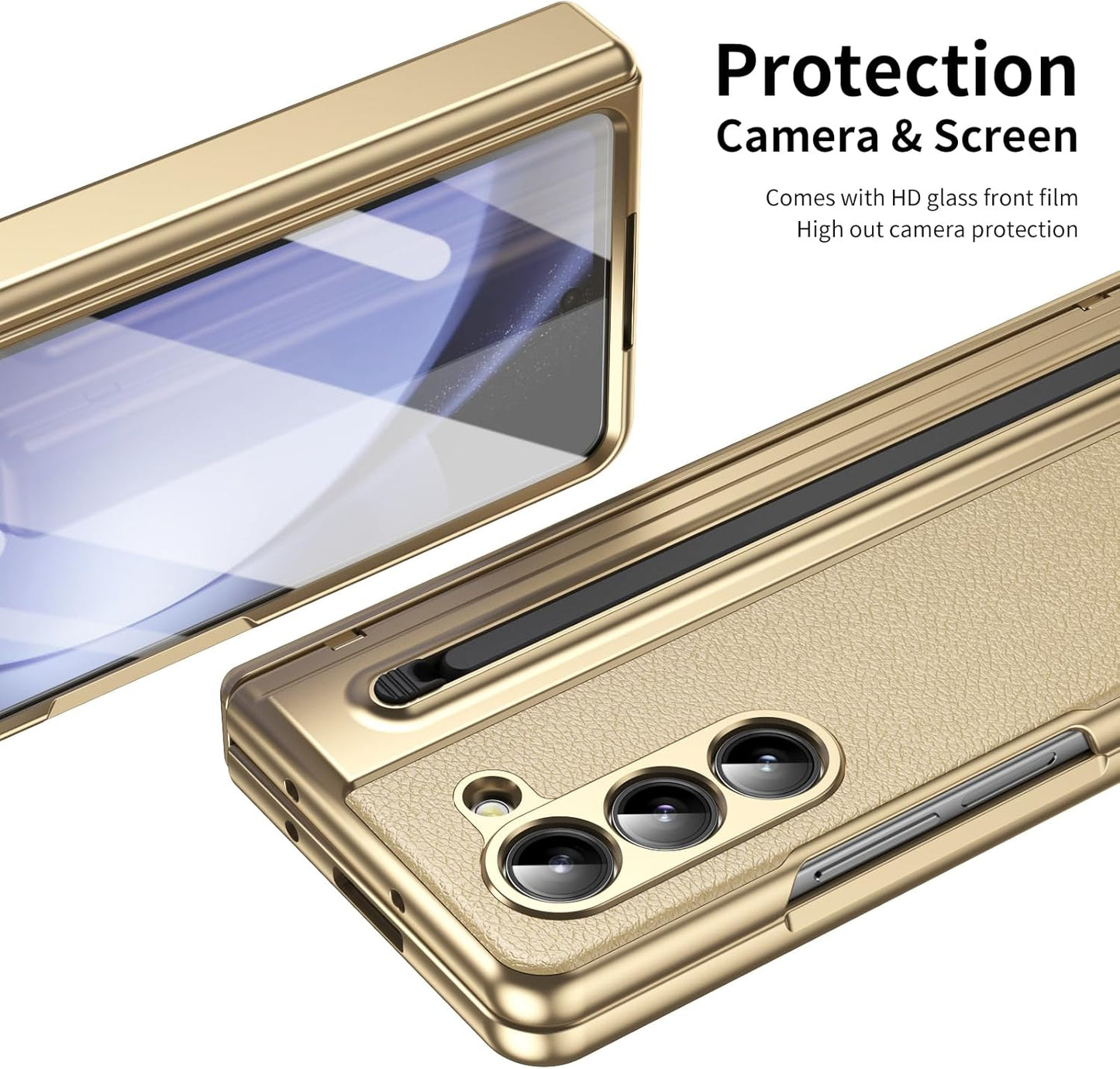 Lightweight phone case for Samsung Galaxy Z Fold5, hinged case supports wireless charging with lens protection, screen protector, complimentary stylus, drop-proof and fingerprint resistant
