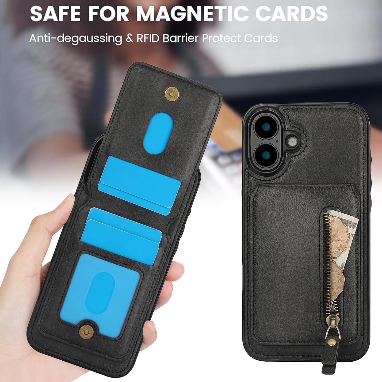 Magnetic card holder phone case suitable for iPhone 16, zipper magnetic split magnetic wallet with adjustable bracket Red