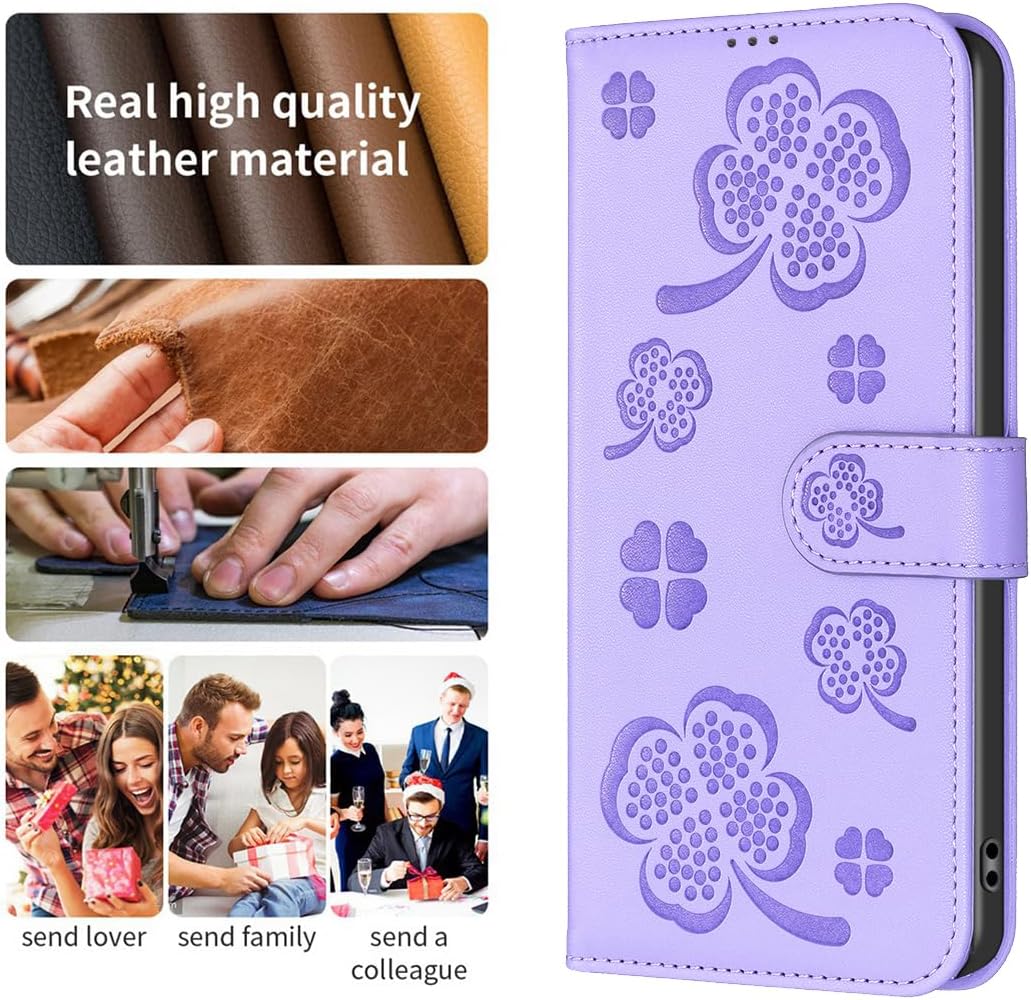 Wallet Leather Case for iPhone 16E, Embossed Four Leaf Clover Design, Magnetic Snap Wallet Case, Flip Shockproof Case Pink