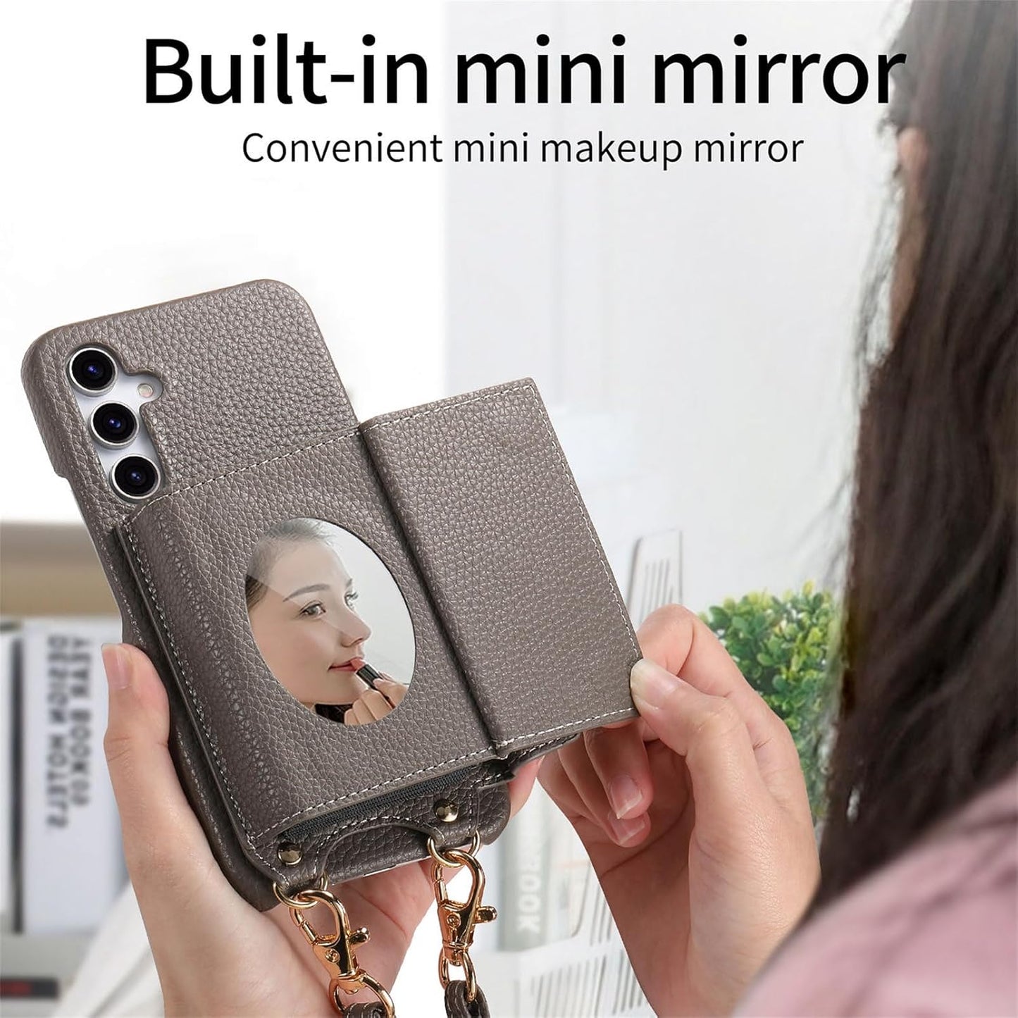 iTape Card Holder Wallet Phone Case for Samsung Galaxy A55, Shockproof Ultra-thin Phone Case, Makeup Mirror with Crossbody Strap Pink