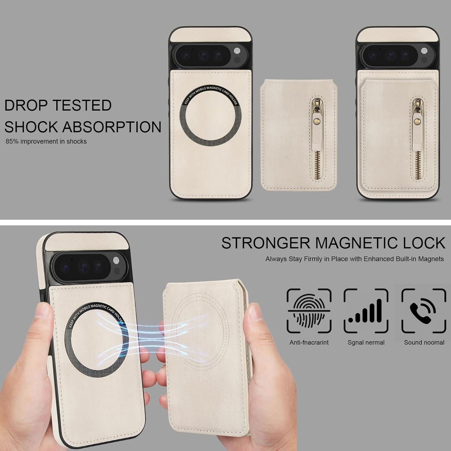 iTape Magnetic card holder phone case suitable for Google Pixel 9, zipper magnetic split magnetic wallet with adjustable bracket Purple