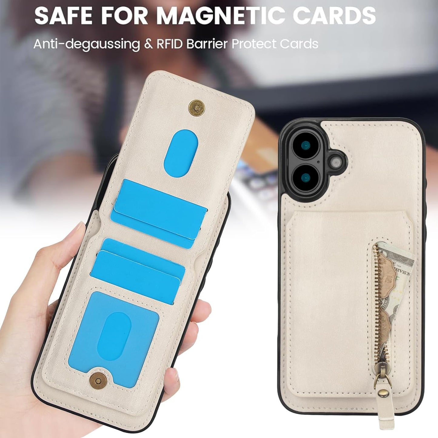 Magnetic card holder phone case suitable for iPhone 16, zipper magnetic split magnetic wallet with adjustable bracket Red