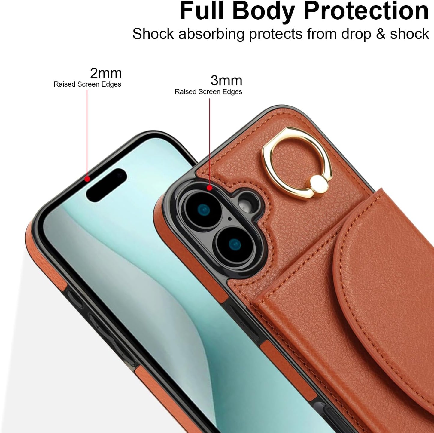 Tri-fold wallet case for iPhone 16 Plus, 360° rotating ring buckle stand, shockproof phone case coin purse card holder Black