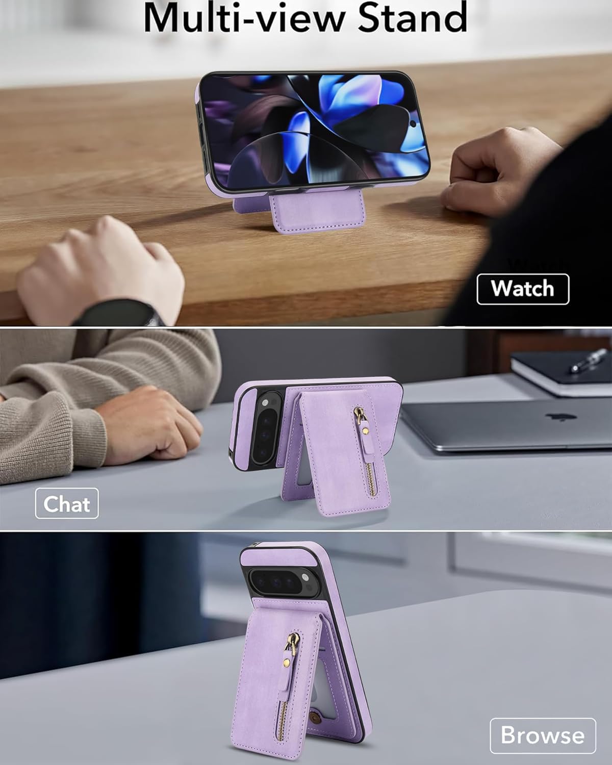 iTape Magnetic card holder phone case suitable for Google Pixel 9, zipper magnetic split magnetic wallet with adjustable bracket Purple