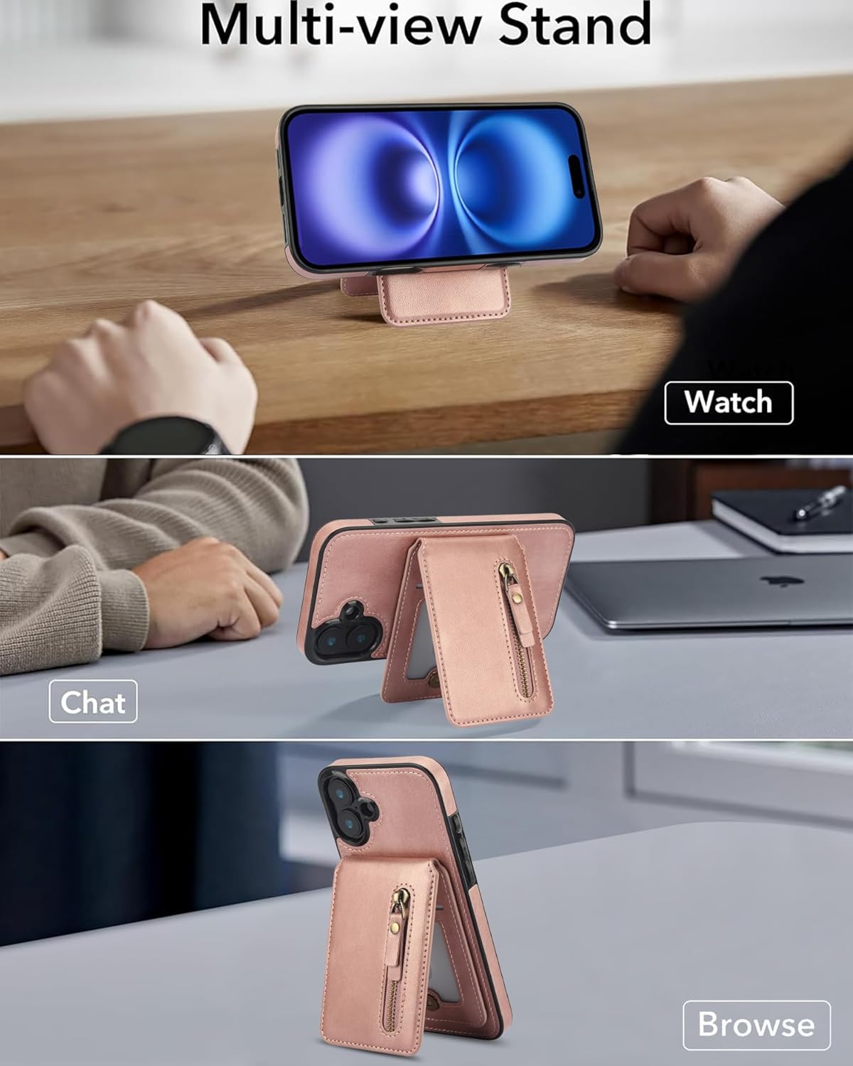 Magnetic card holder phone case suitable for iPhone 16 Plus, zipper magnetic split magnetic wallet with adjustable bracket