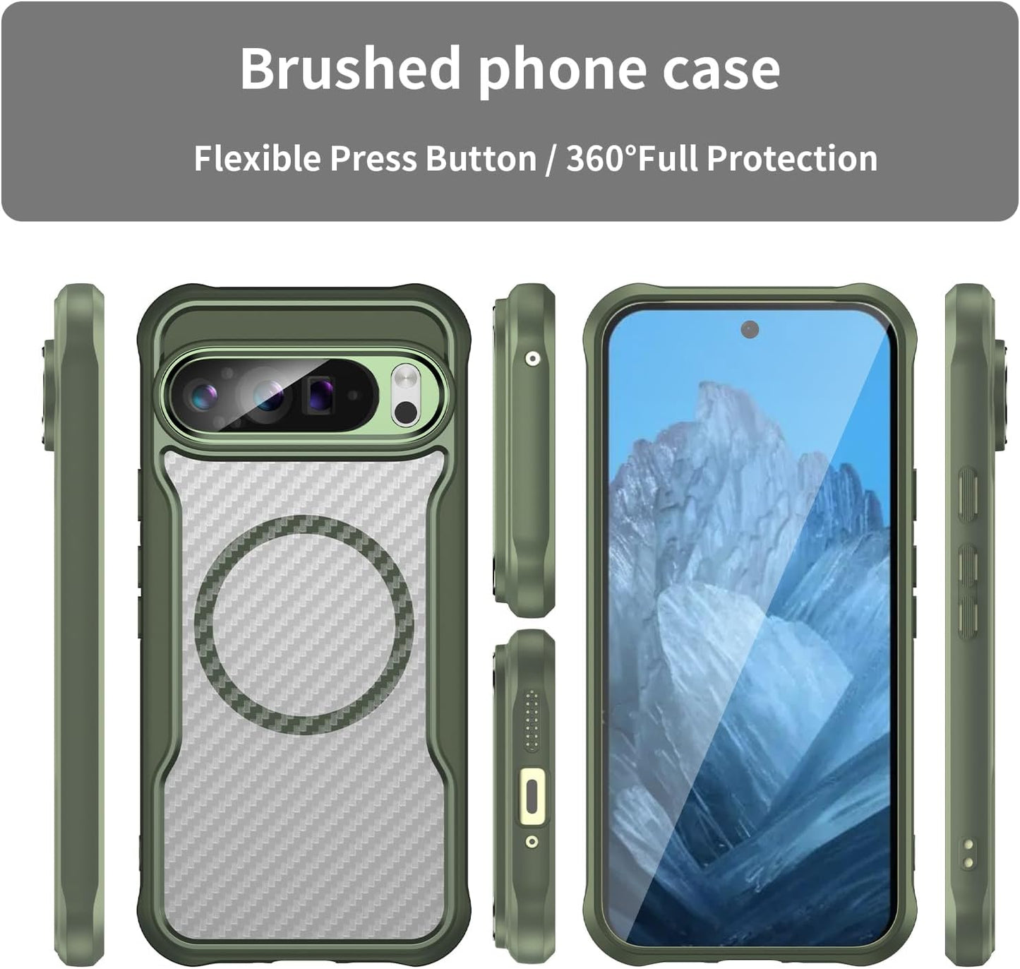 iTape Magnetic carbon fibre case for Google Pixel 9 Pro XL 5G, support wireless charging, carbon fibre shockproof slim case Green