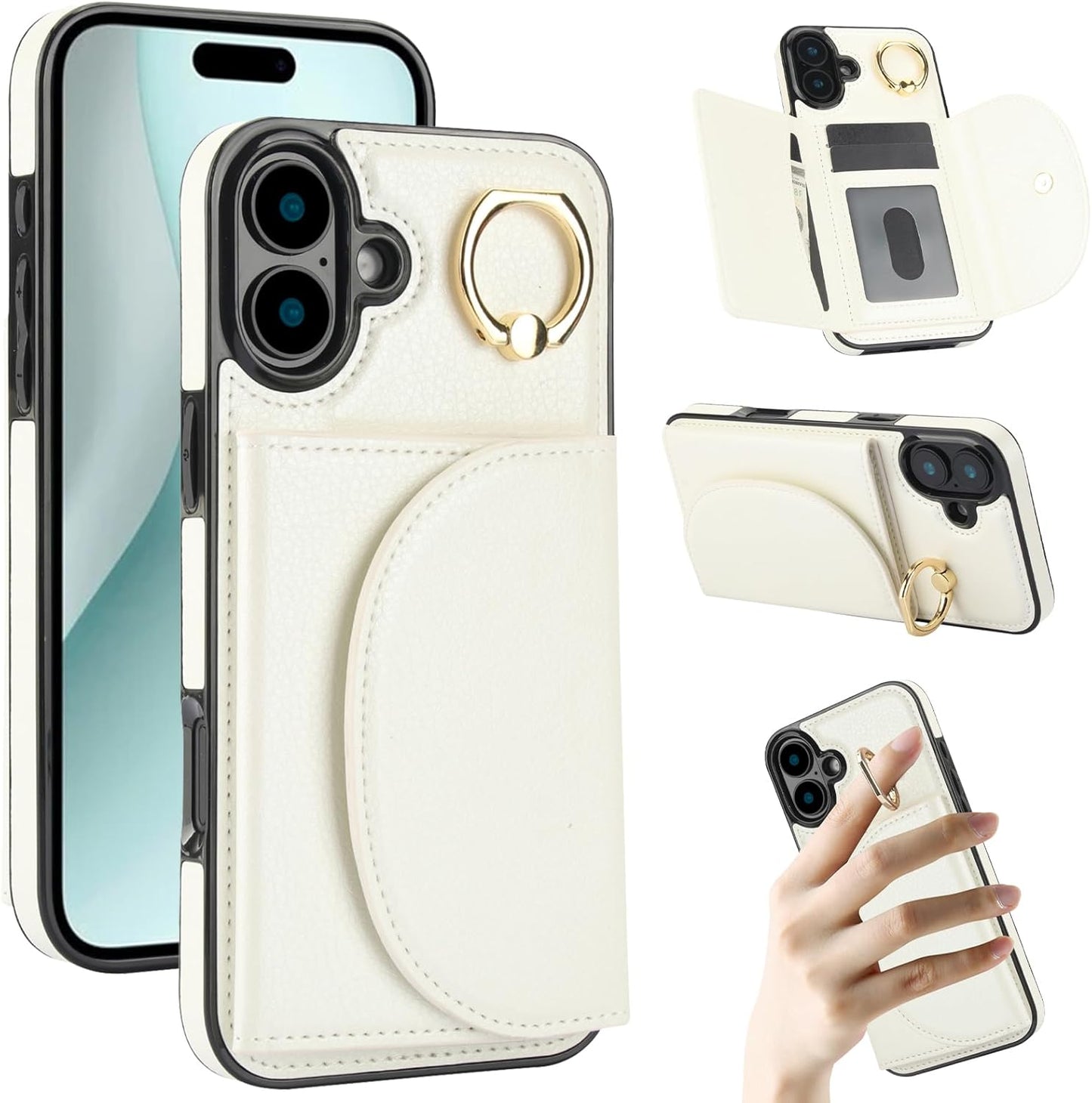 Tri-fold wallet case for iPhone 16 Plus, 360° rotating ring buckle stand, shockproof phone case coin purse card holder Black
