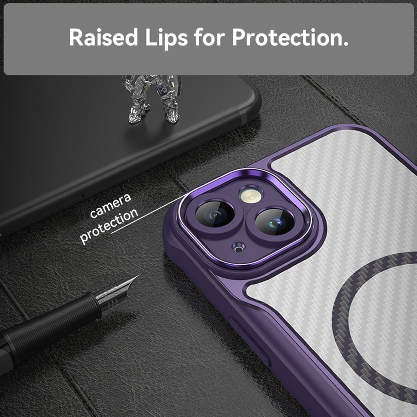 Magnetic carbon fibre case for iPhone 15 Plus, support wireless charging, carbon fibre shockproof slim case Black