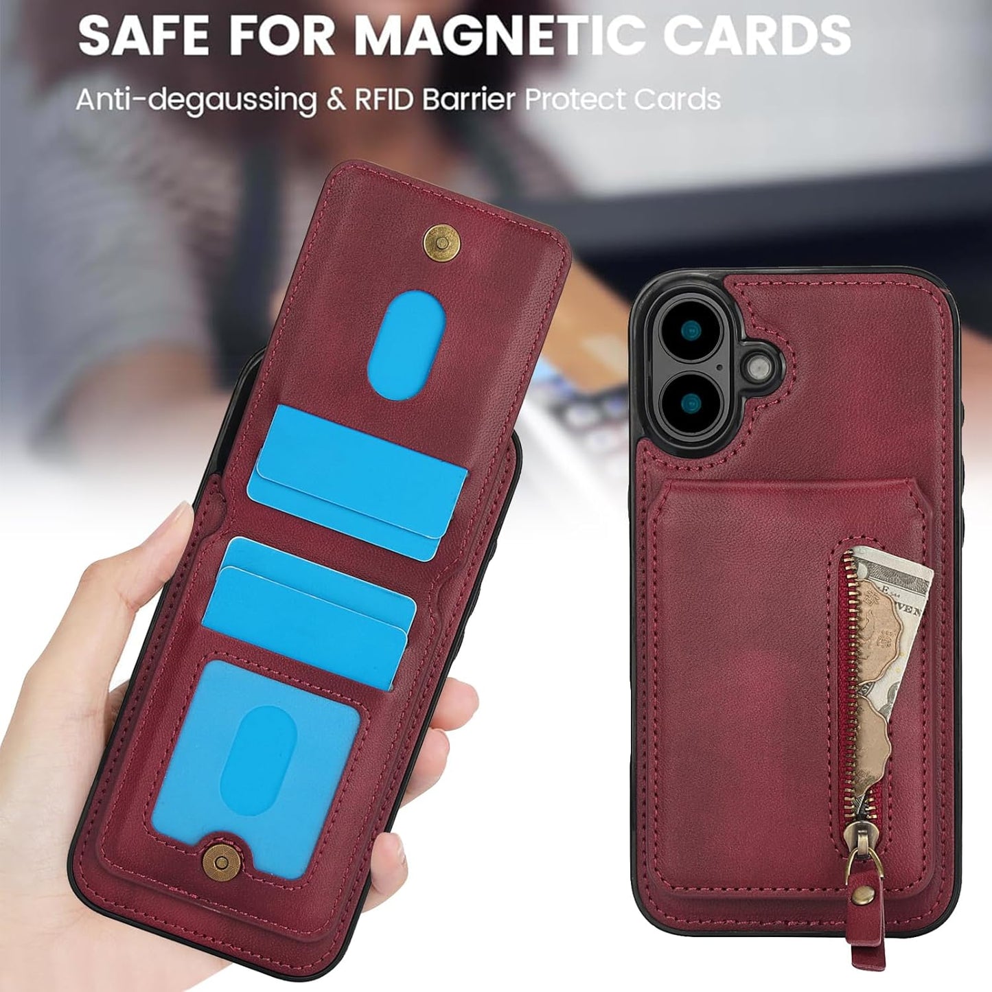 Magnetic card holder phone case suitable for iPhone 16, zipper magnetic split magnetic wallet with adjustable bracket Red