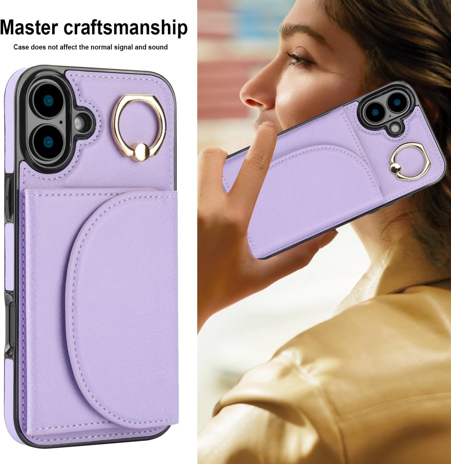 Tri-fold wallet case for iPhone 16 Plus, 360° rotating ring buckle stand, shockproof phone case coin purse card holder Black