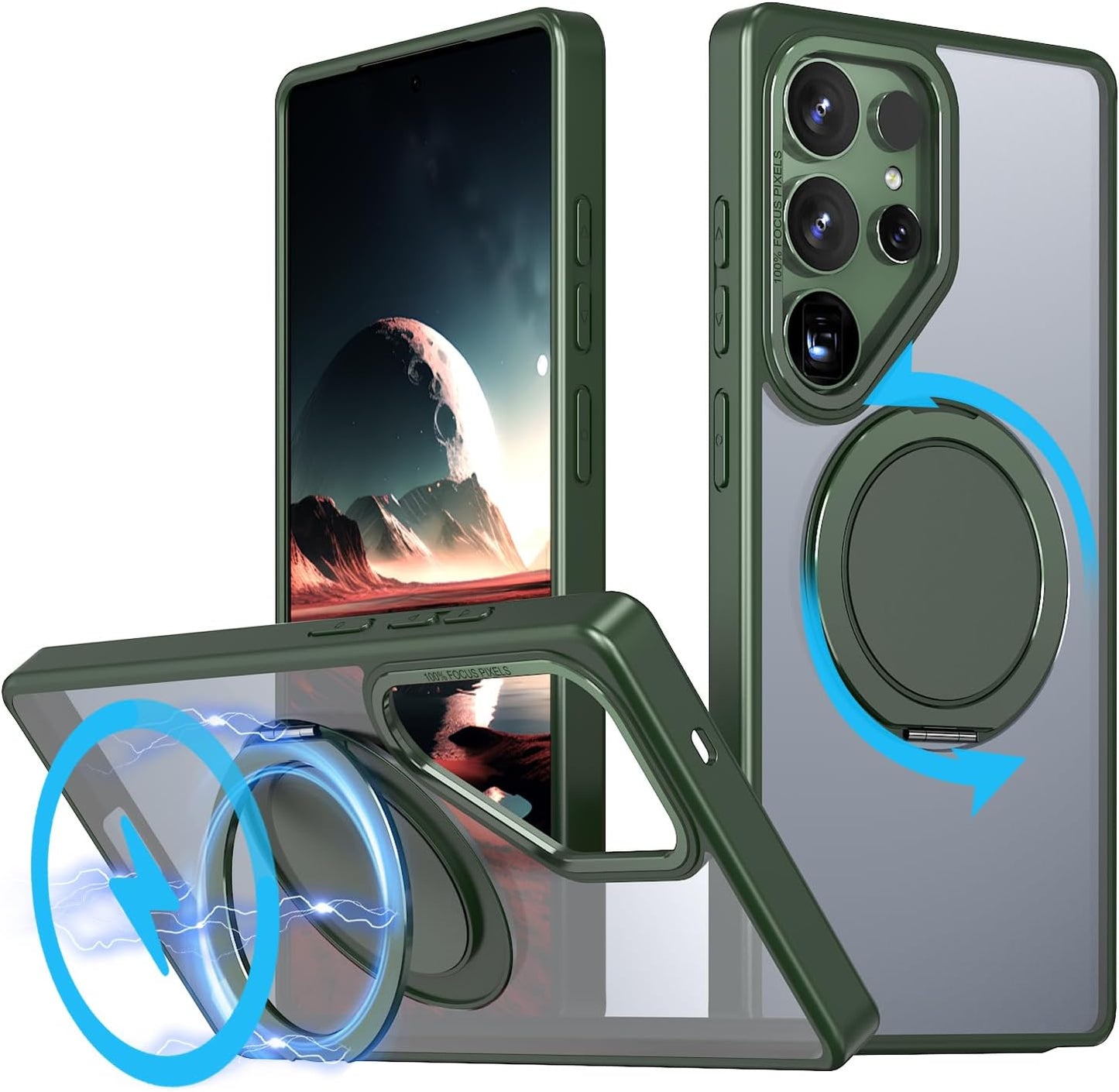 iTape Magnetic phone case for Samsung Galaxy S25 Ultra, mechanical gear 360° rotating bracket supports wireless charging, shockproof ultra-thin shell Gray