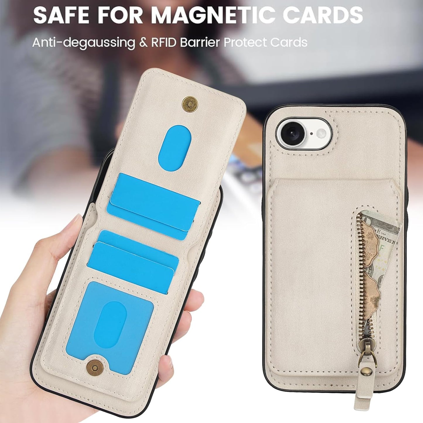 Magnetic card holder phone case suitable for iPhone 16E, zipper magnetic split magnetic wallet with adjustable bracket