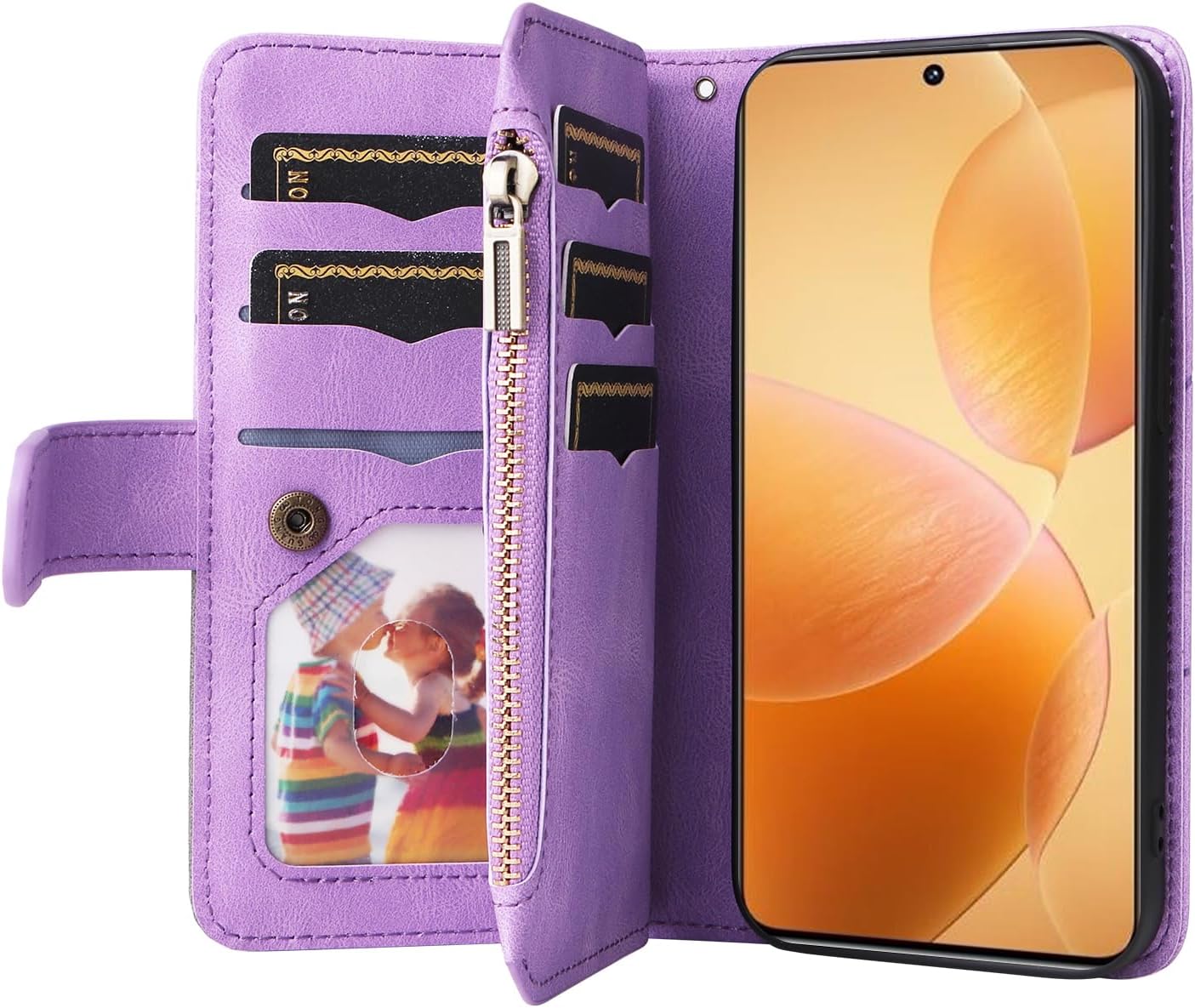 iTape 9 Card Slots Phone Case for Xiaomi POCO X6 PRO 5G, Zipper Wallet, Dual Color Stitching Color Flip Stand Card Slots Cash Clip Shockproof, Wrist Strap Black