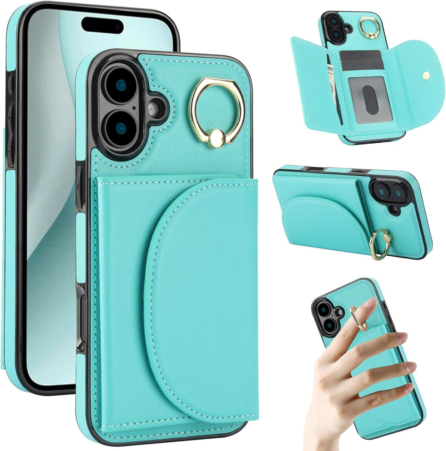 Tri-fold wallet case for iPhone 16 Plus, 360° rotating ring buckle stand, shockproof phone case coin purse card holder Black