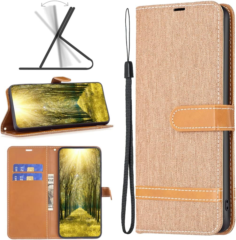 Colorblock Denim Wallet Phone Case for iPhone 16E, Wallet Phone Case Flip Stand, Credit Card Slot Wallet Wrist strap Green