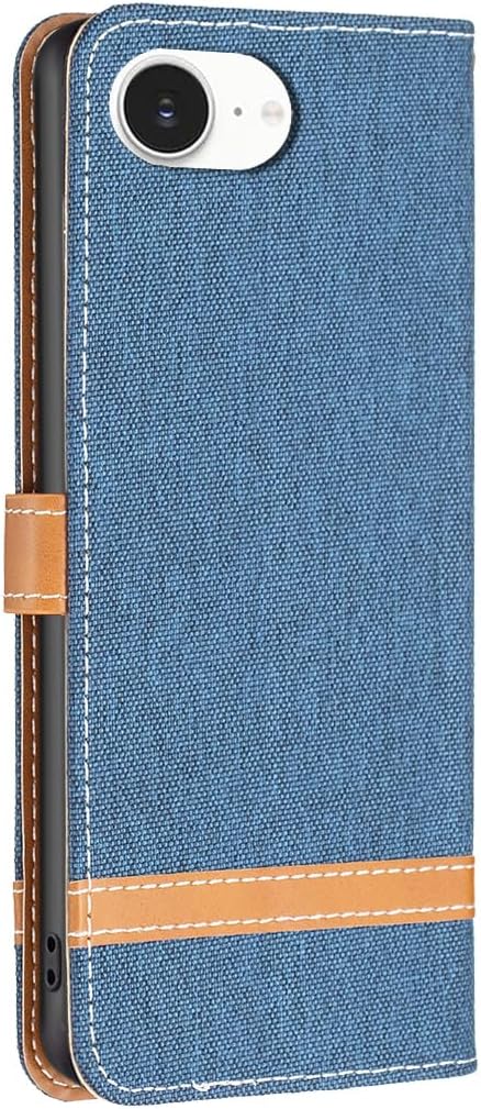 Colorblock Denim Wallet Phone Case for iPhone 16E, Wallet Phone Case Flip Stand, Credit Card Slot Wallet Wrist strap Green