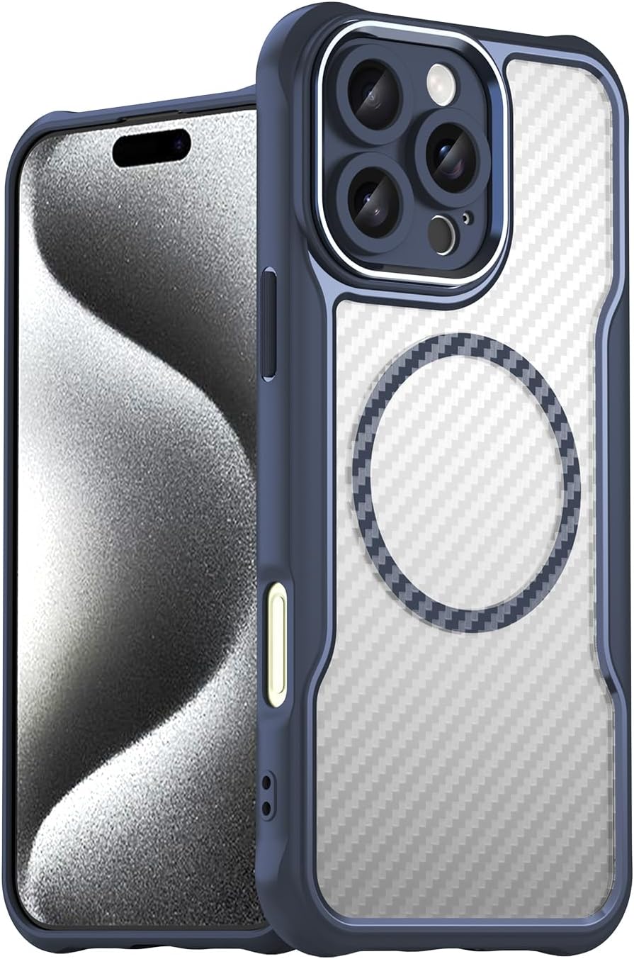 Magnetic carbon fibre case for iPhone 16 Pro max, support wireless charging, carbon fibre shockproof slim case Black