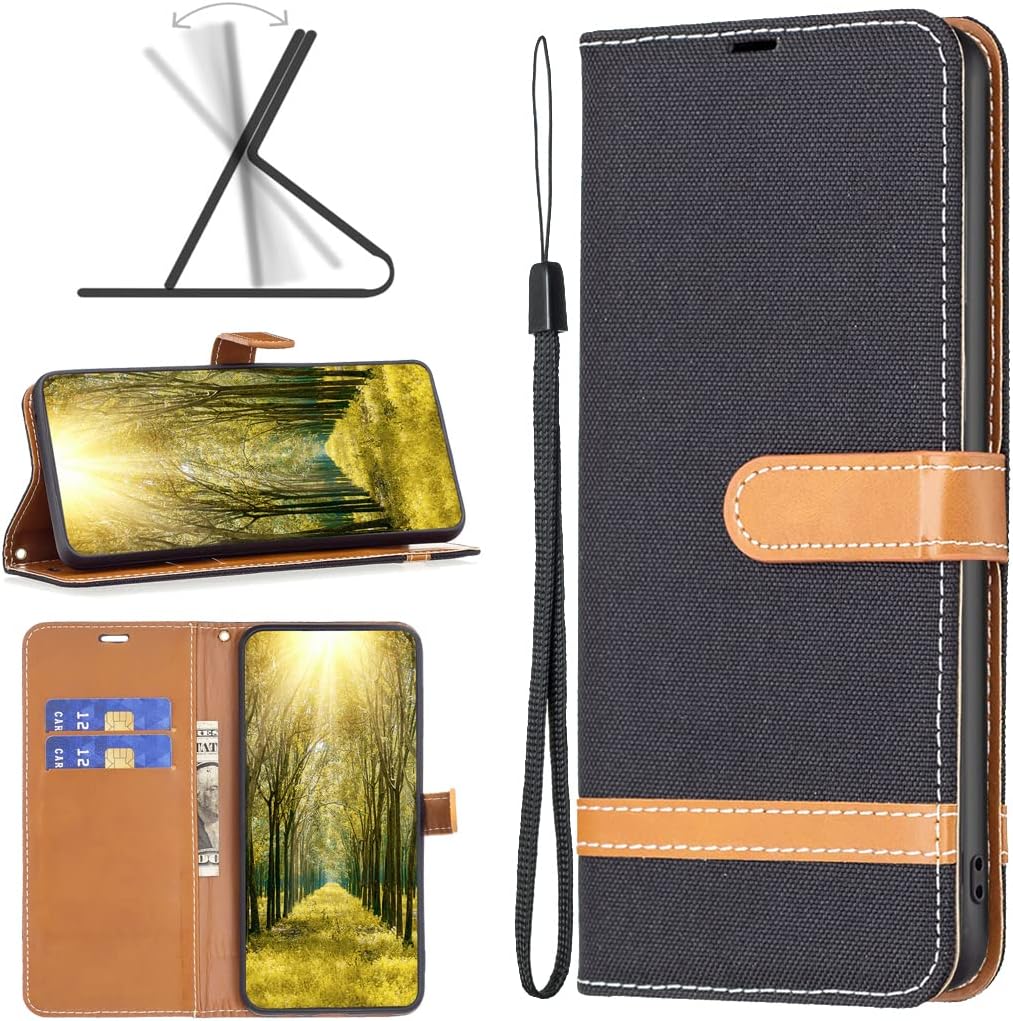 Colorblock Denim Wallet Phone Case for iPhone 16E, Wallet Phone Case Flip Stand, Credit Card Slot Wallet Wrist strap Green