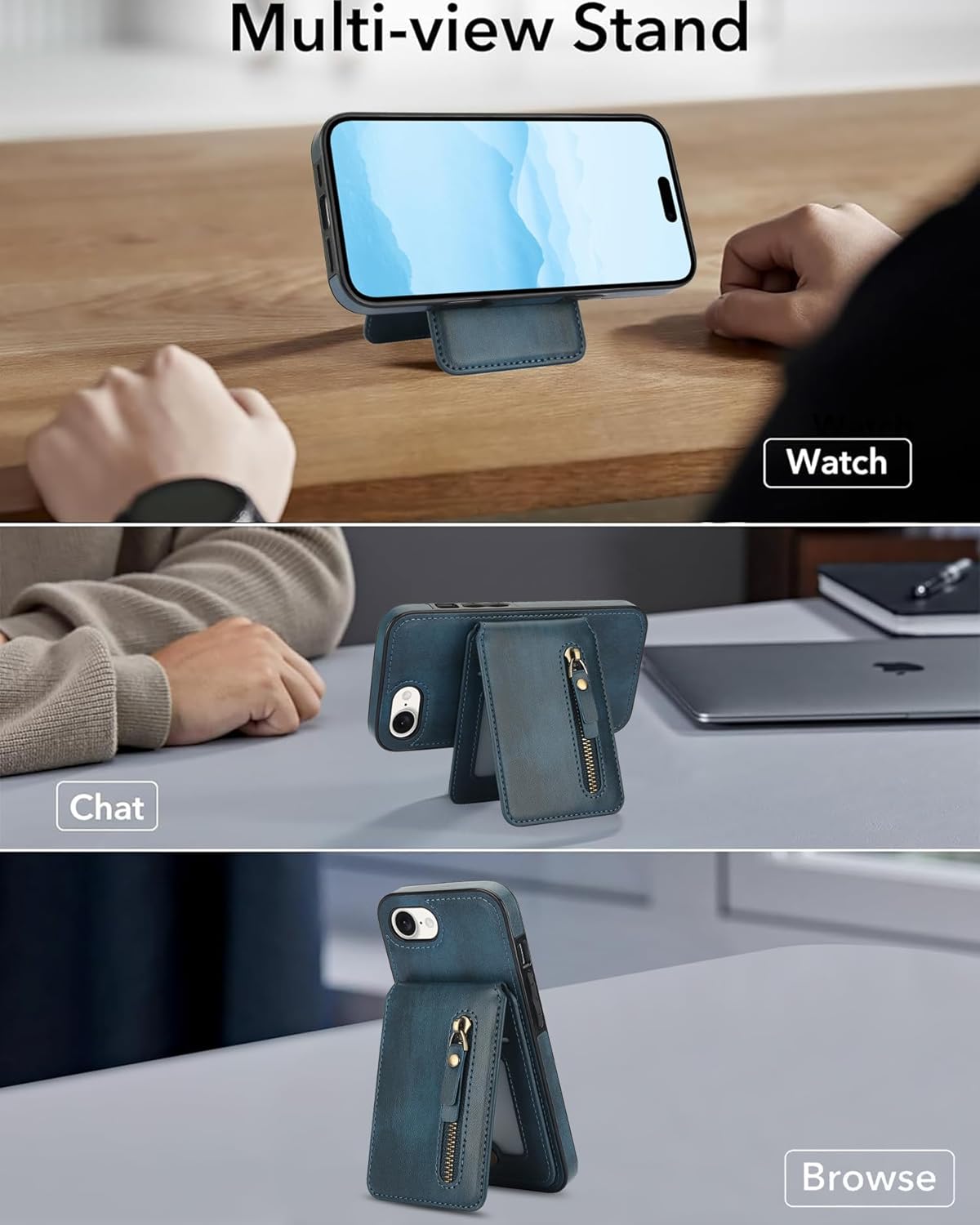 Magnetic card holder phone case suitable for iPhone 16E, zipper magnetic split magnetic wallet with adjustable bracket
