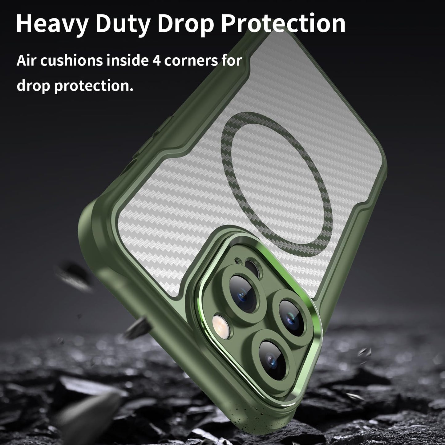 Magnetic carbon fibre case for iPhone 14 Pro max, support wireless charging, carbon fibre shockproof slim case Green