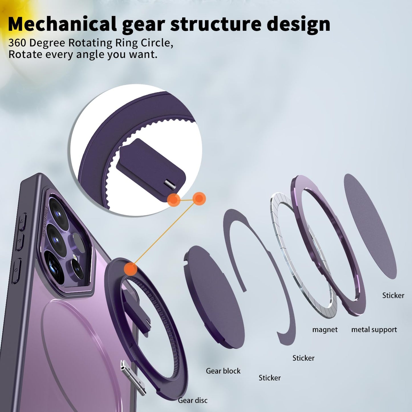 iTape Magnetic phone case for Samsung Galaxy S25 Ultra, mechanical gear 360° rotating bracket supports wireless charging, shockproof ultra-thin shell Gray