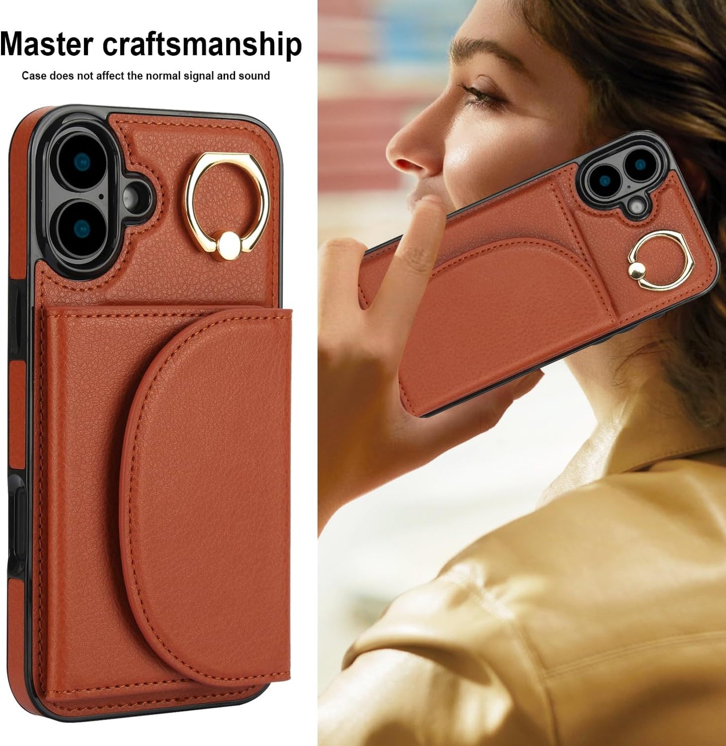 Tri-fold wallet case for iPhone 16 Plus, 360° rotating ring buckle stand, shockproof phone case coin purse card holder Black