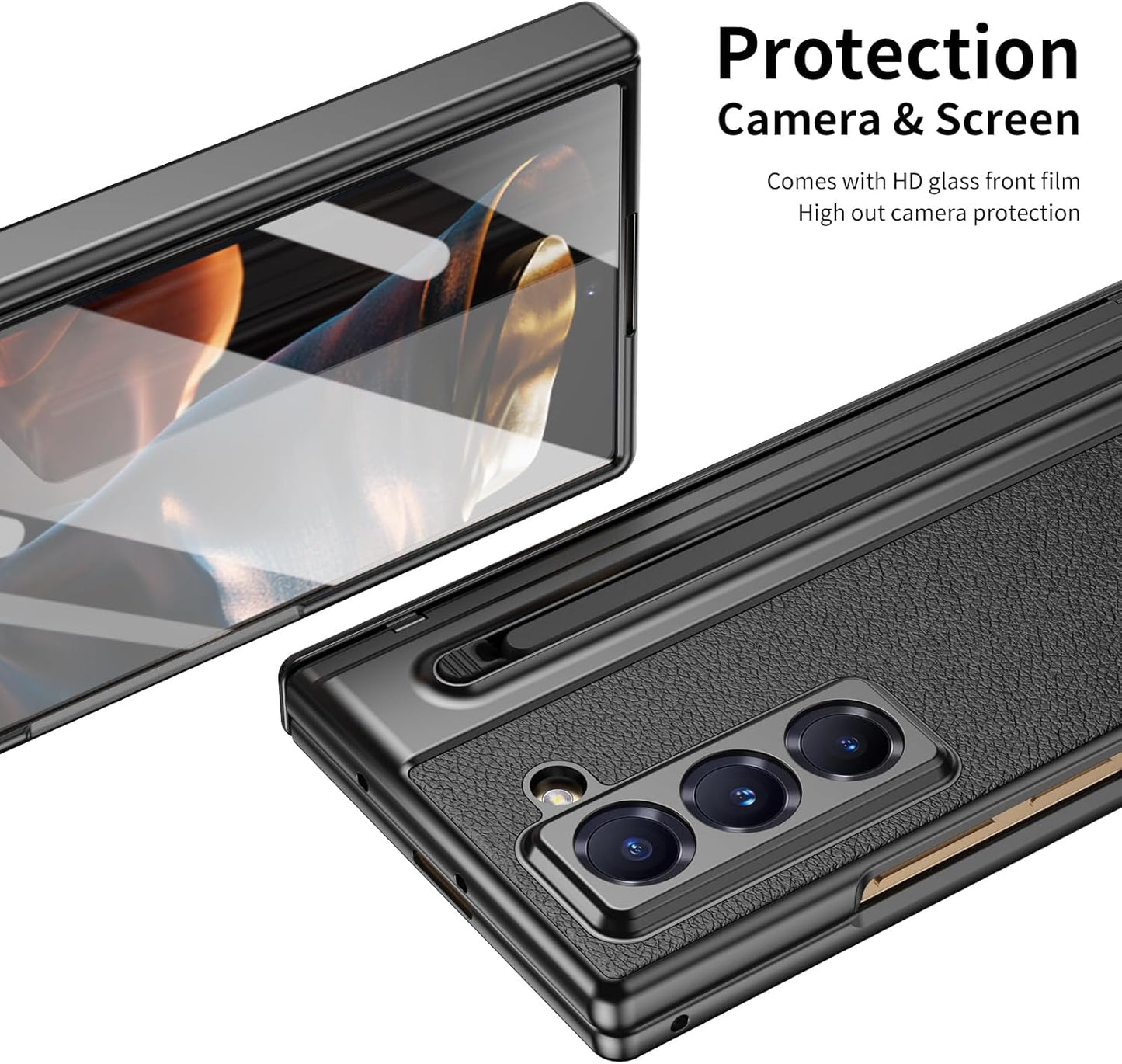 iTape Lightweight phone case for Samsung W25, hinged case supports wireless charging with lens protection, screen protector, complimentary stylus, drop-proof and fingerprint resistant Gold