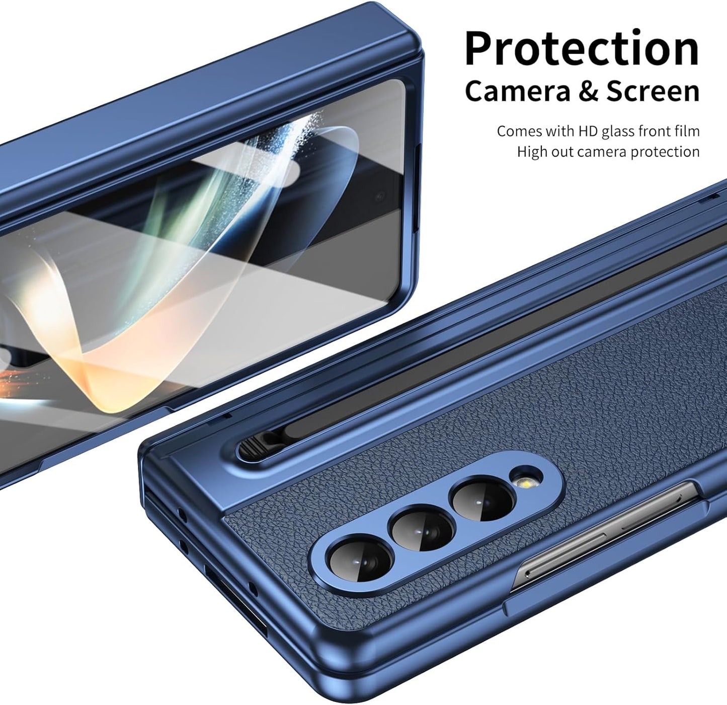 iTape Lightweight phone case for Samsung Galaxy Z Fold4, hinged case supports wireless charging with lens protection, screen protector, complimentary stylus, drop-proof and fingerprint resistant Blue