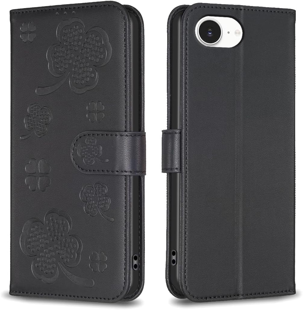 Wallet Leather Case for iPhone 16E, Embossed Four Leaf Clover Design, Magnetic Snap Wallet Case, Flip Shockproof Case Pink