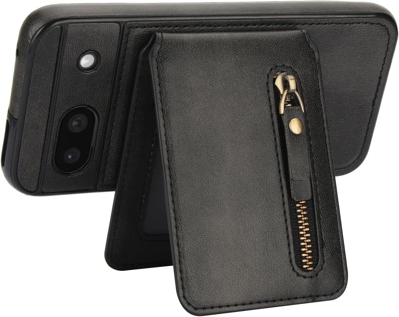 iTape Magnetic card holder phone case suitable for Google Pixel 8A, zipper magnetic split magnetic wallet with adjustable bracket Black