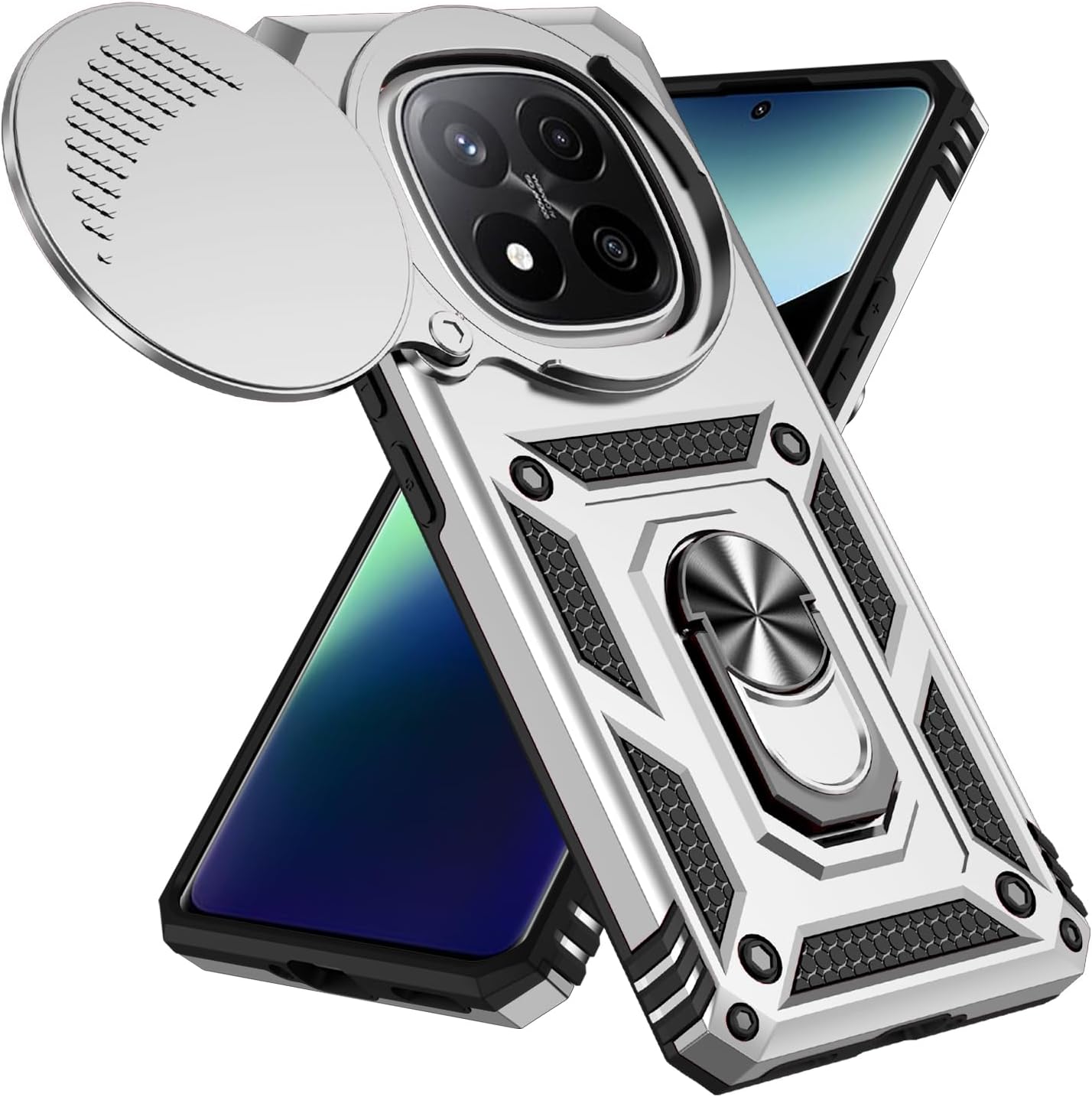 Magnetic Car Mount 2 in 1 Phone Case for Xiaomi Redmi Note 14 Pro+ 5G, Military Grade Protective Case, Phone Case Built-in 360° Rotating Ring Bracket Buckle Push Window Lens Protection