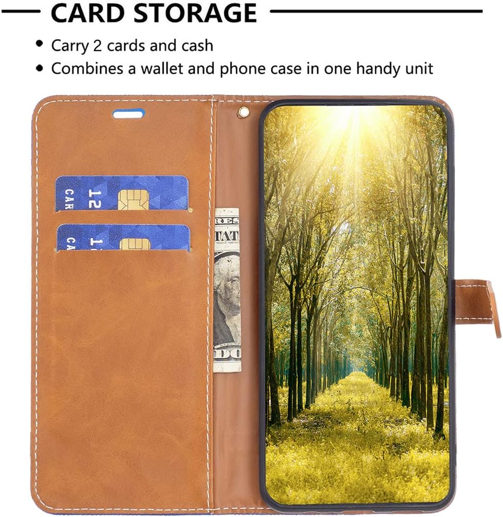 Colorblock Denim Wallet Phone Case for iPhone 16E, Wallet Phone Case Flip Stand, Credit Card Slot Wallet Wrist strap Green