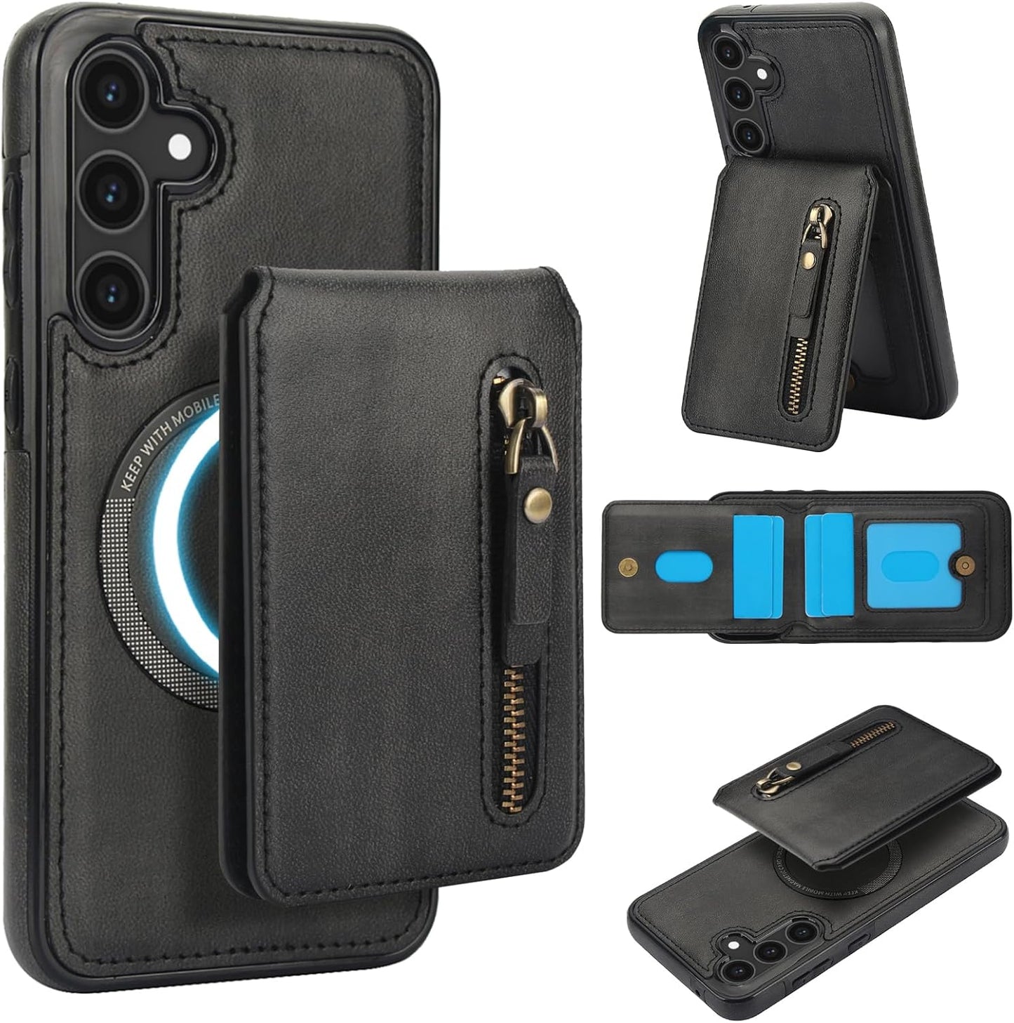 iTape Magnetic card holder phone case suitable for Samsung Galaxy S25, zipper magnetic split magnetic wallet with adjustable bracket Red