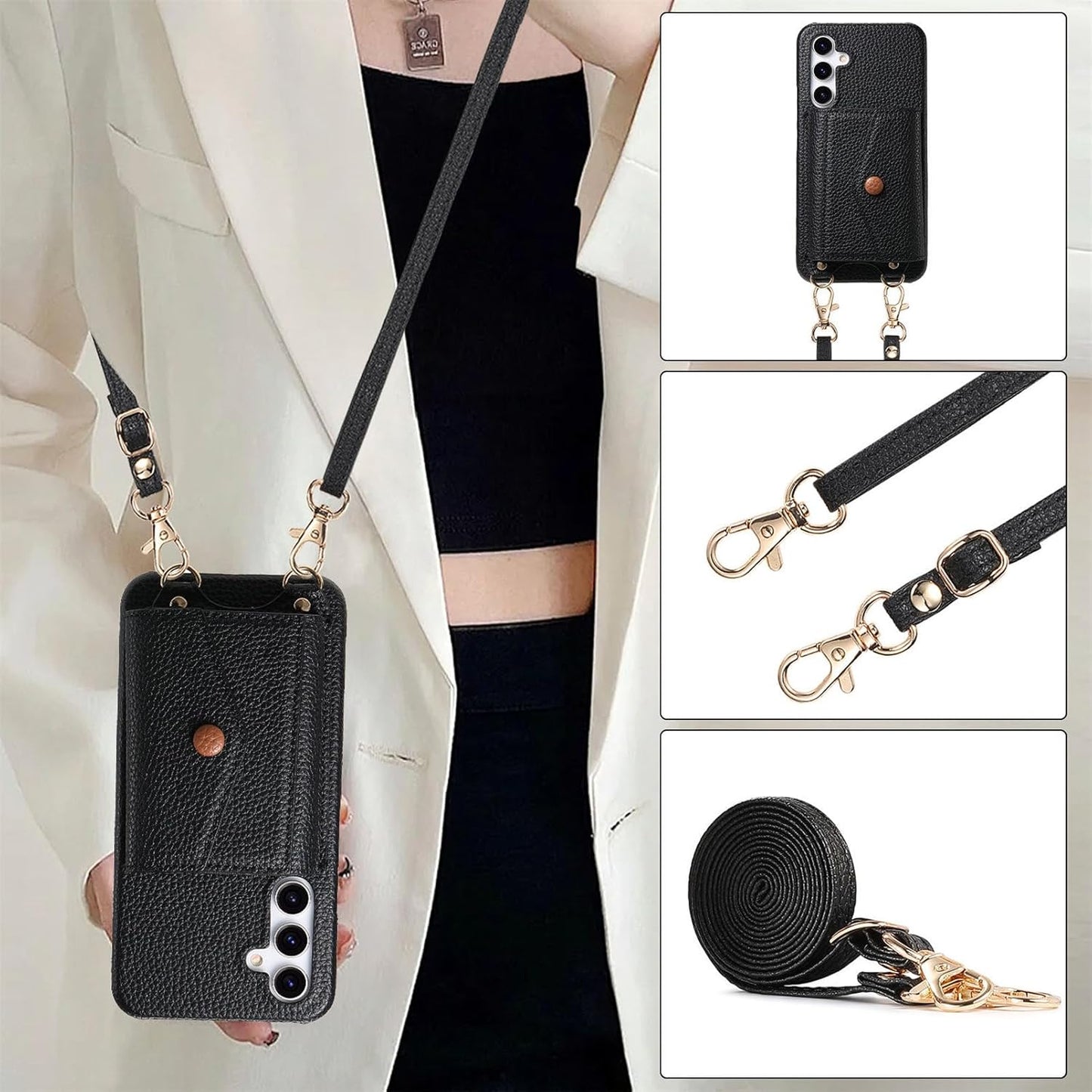 iTape Card Holder Wallet Phone Case for Samsung Galaxy A54 5G, Shockproof Ultra-thin Phone Case, Makeup Mirror with Crossbody Strap Brown