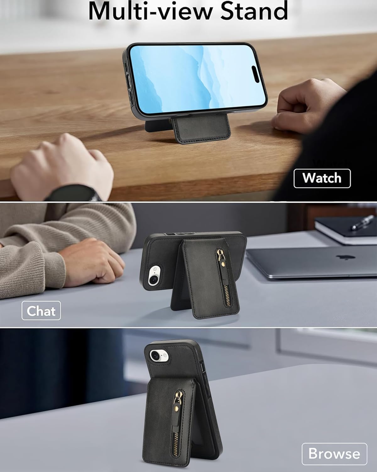 Magnetic card holder phone case suitable for iPhone 16E, zipper magnetic split magnetic wallet with adjustable bracket
