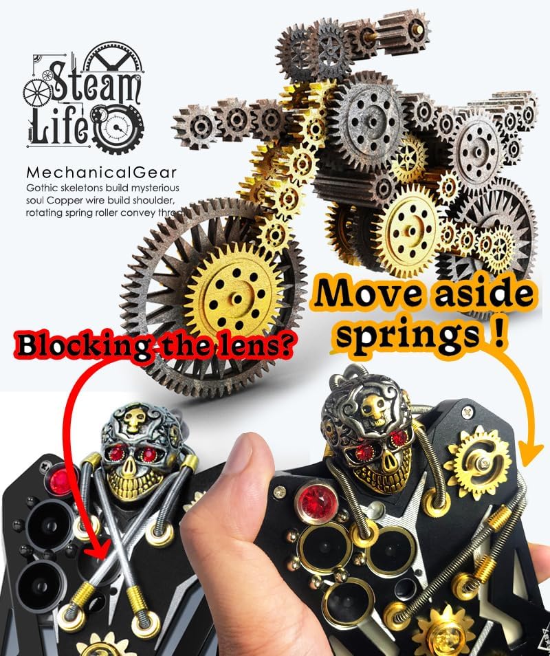 iTape Mechanical gear metal phone case for Samsung Galaxy S23 Ultra, Steampunk Gothic style skull stand phone case for Samsung Galaxy S23 Ultra Black