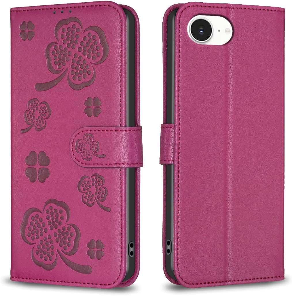 Wallet Leather Case for iPhone 16E, Embossed Four Leaf Clover Design, Magnetic Snap Wallet Case, Flip Shockproof Case Pink