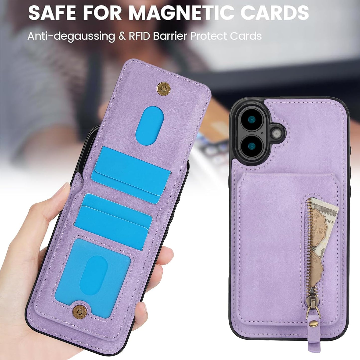 Magnetic card holder phone case suitable for iPhone 16, zipper magnetic split magnetic wallet with adjustable bracket Red