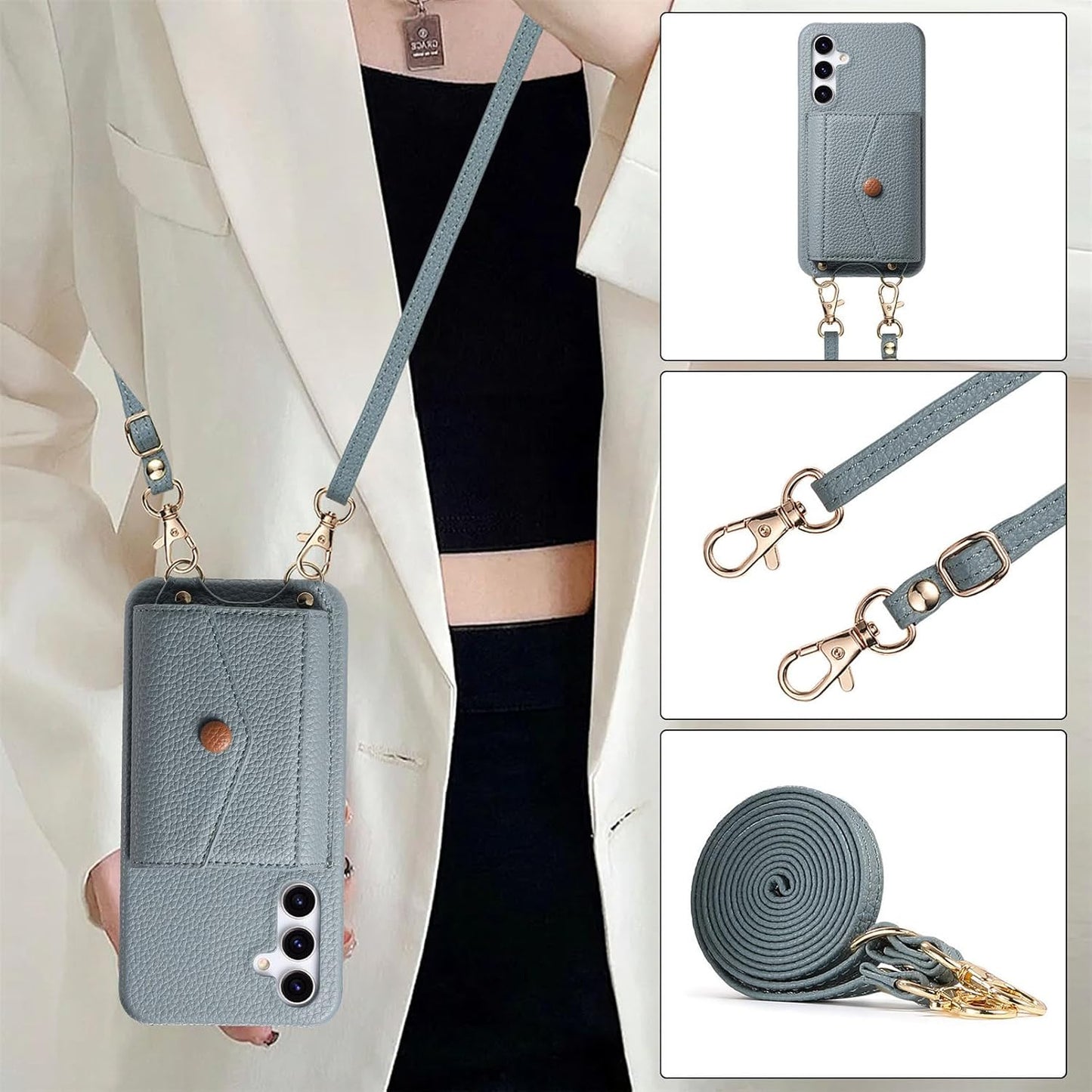 iTape Card Holder Wallet Phone Case for Samsung Galaxy A54 5G, Shockproof Ultra-thin Phone Case, Makeup Mirror with Crossbody Strap Brown