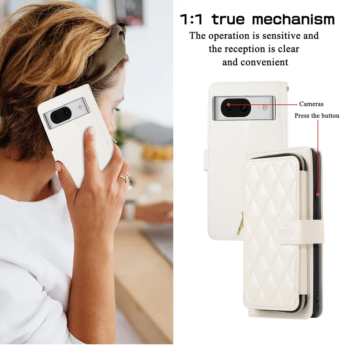 iTape Diamond Wallet Case for Google Pixel 8, Flip Leather Stand, Wrist Strap, Magnetic Closure, Shockproof Case Coin Purse Card Holder, Crossbody Strap Black