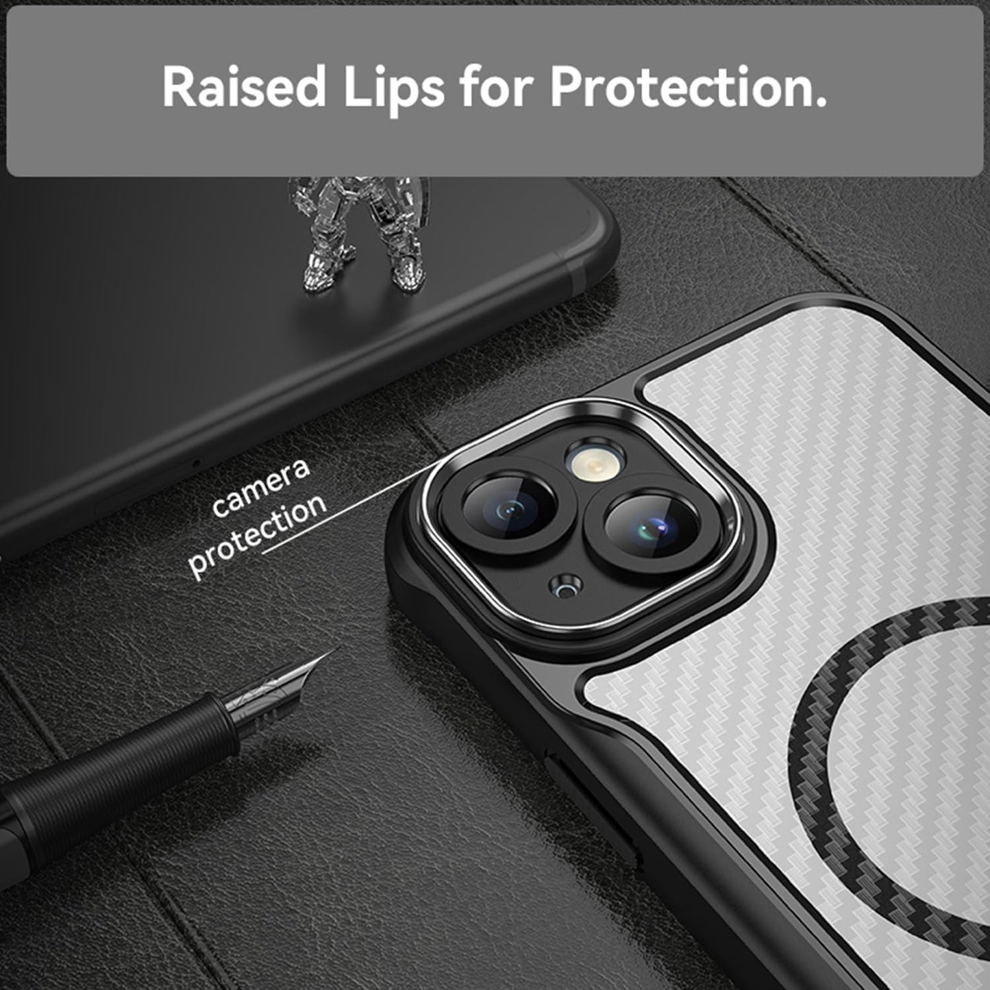 Magnetic carbon fibre case for iPhone 15 Plus, support wireless charging, carbon fibre shockproof slim case Black