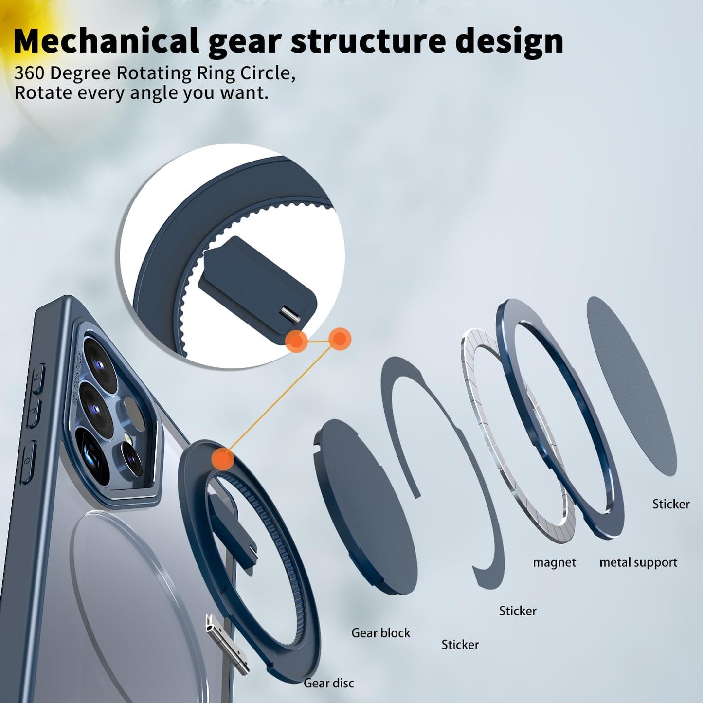 iTape Magnetic phone case for Samsung Galaxy S25 Ultra, mechanical gear 360° rotating bracket supports wireless charging, shockproof ultra-thin shell Gray